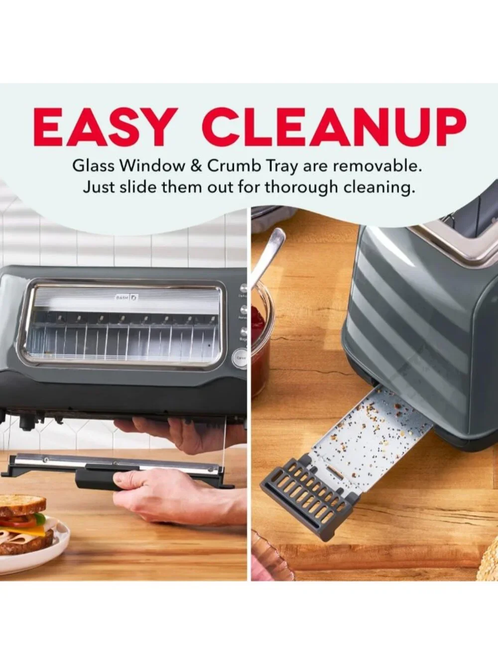 Gray Clear View Extra Wide Slot with See Through Window Reheat Baked Toaster